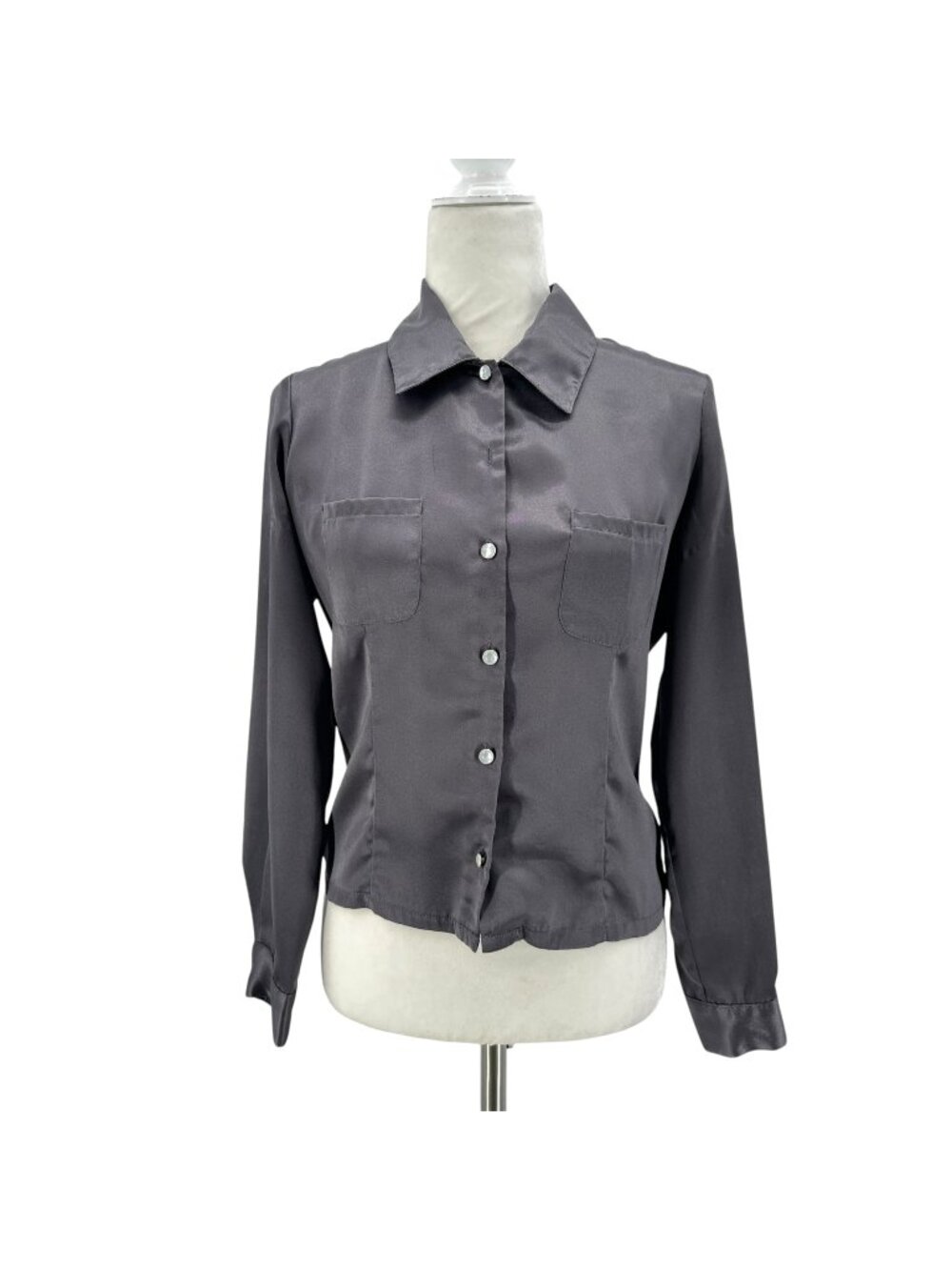 Vintage 579 Womens Small Top Long Sleeve Collared Button Down Satin Gray Pockets